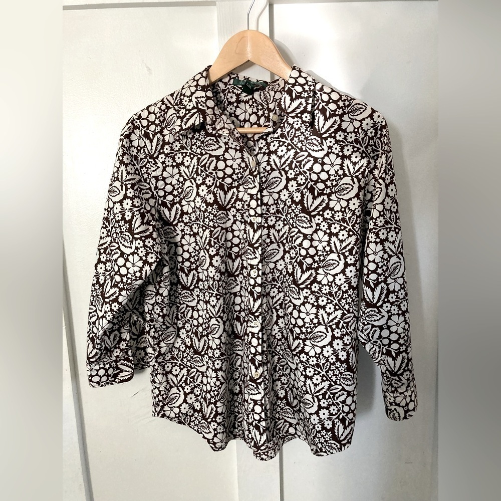 Lauren Ralph Lauren button down blouse shirt Brown floral Large 100% cotton